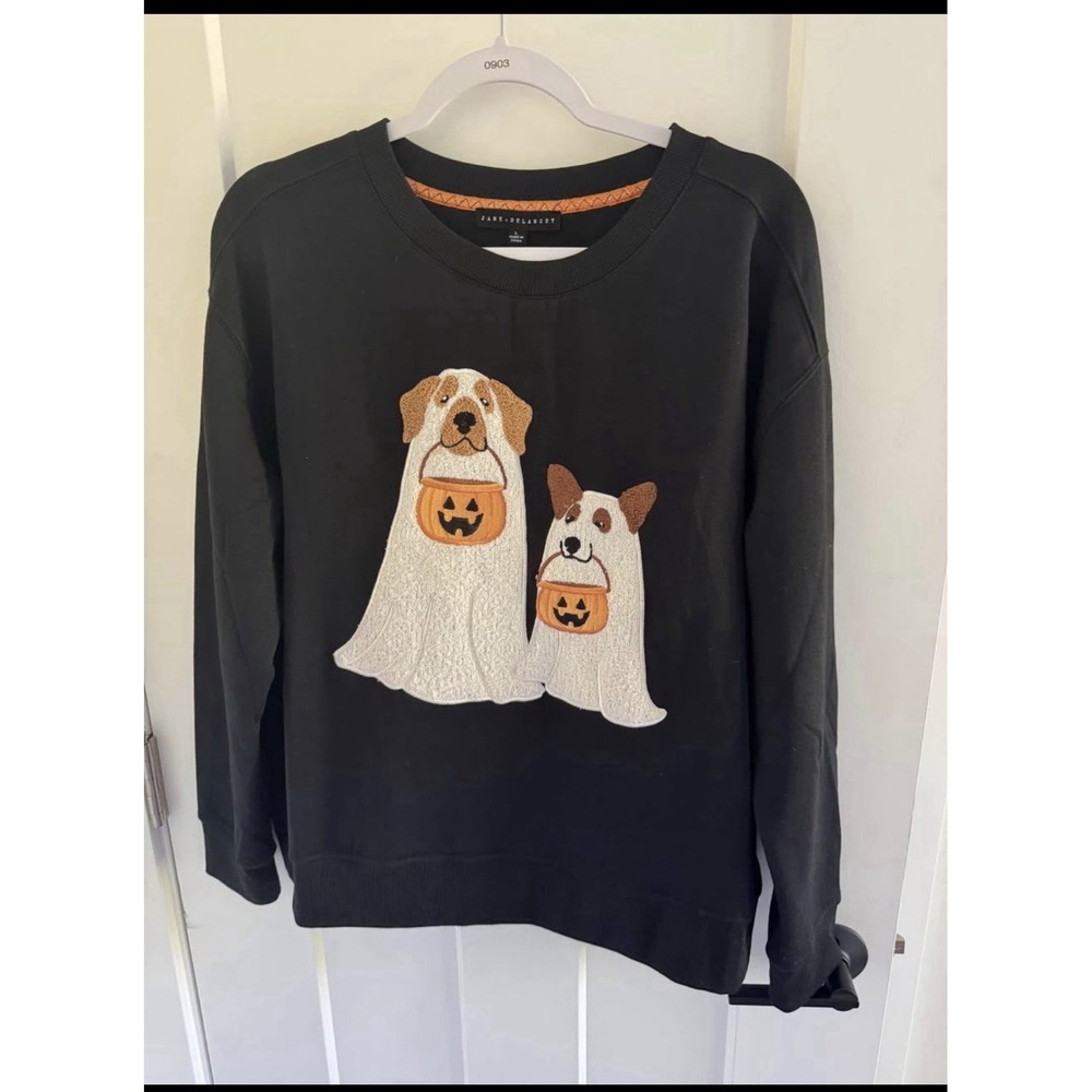 Jane and Delancey Women's  Sweatshirt Black Halloween Dog Ghost Graphic L New